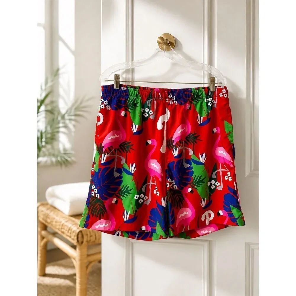 Genuine MLB Merchandise Red Flamingo Print Phillies Logo Men’s Swim Trunk XL